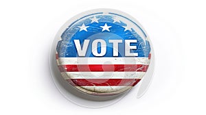 American election badge with "VOTE" text and American flag design. Isolated on white backdrop. Concept of electoral