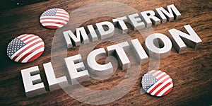 USA flag pin button, midterm elections, wooden background, 3d illustration. photo