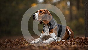 American English Coonhound sitting on autumn leaves