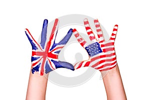 American and English flags on hands.