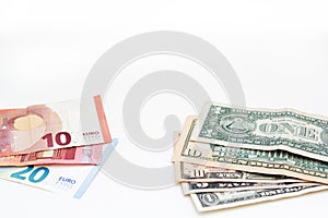 American euro and dollars banknotes for business design. Cash money various currency paper bills on white background
