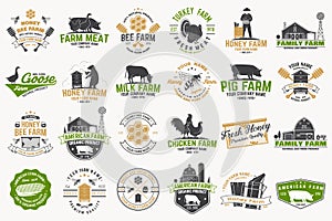 American Farm and Honey bee farm Badge or Label. Vintage typography design with bee, honeycomb piece, hive, chicken, pig