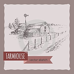 American farm house, barn and pasture vector sketch.