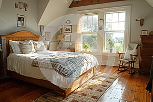 American farmhouse bedroom bathed in the soft glow of morning sunlight. charm and serenity of country living