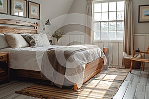 American farmhouse bedroom bathed in the soft glow of morning sunlight. charm and serenity of country living