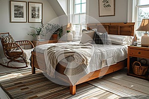 American farmhouse bedroom bathed in the soft glow of morning sunlight. charm and serenity of country living