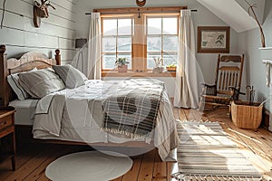 American farmhouse bedroom bathed in the soft glow of morning sunlight. charm and serenity of country living