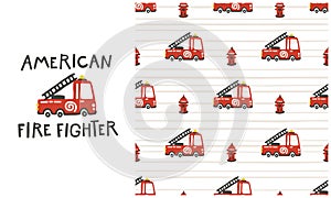 American firefighter. Fire truck cars seamless pattern. Vector baby illustration in scandinavian simple hand-drawn style. The