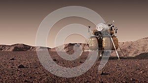 American flag against the background of the descent module on the surface of the planet Mars