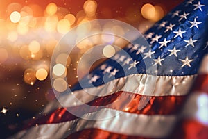 American flag against a glittering bokeh background. Generative AI