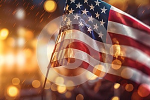 American flag against a glittering bokeh background. Generative AI