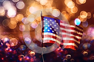 American flag against a glittering bokeh background. Generative AI