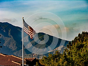 American flag against San Gabriel mtns