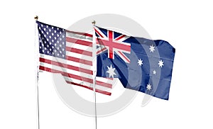 American flag and Australian flag on cloudy sky. waving in the sky