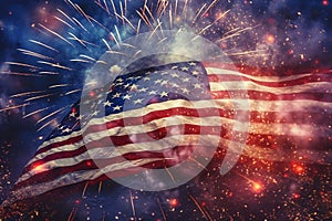 American Flag Background with Celebratory Fireworks on USA Independence Day. AI