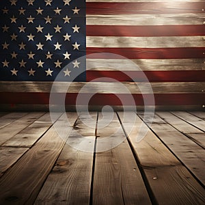 American flag at background on old wooden floor, grunge and vintage style. Generative Ai illustration.