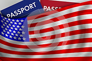 American flag background and passport of USA. Citizenship, official legal immigration, visa, business and travel concept