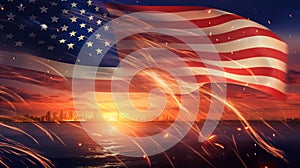 American flag on the background of stars American Celebration - Usa Flag And Fireworks At Sunset, AI-Generated