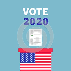 American flag Ballot Voting box with paper blank bulletin concept. President election day. Vote 2020. Polling station. Flat design
