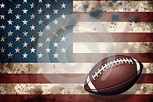 The American flag is behind an American football ball.