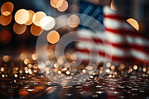 American flag on blurred bokeh background. Independence day concept