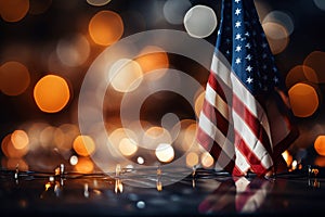 American flag on blurred bokeh background. Independence day concept