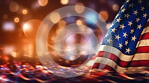American flag and bokeh background with copy space for American holiday