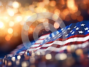 American flag and bokeh background with copy space for American holiday