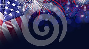 American flag and bokeh background with firework and copy space