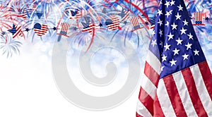 American flag and bokeh background with firework and copy space