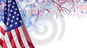 American flag and bokeh background with firework and copy space