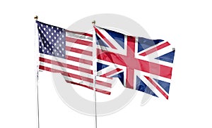 American flag and British flag on cloudy sky. waving in the sky