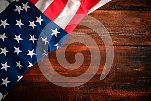 American flag on brown wooden rustic background, banner design