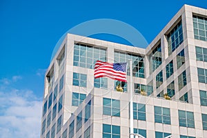 American flag on the building of Brown university school of public health, Providence, Rhode Island, 29 july 2017