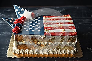 American flag cake with patriotic decorations perfect for celebrating national holidays and showing love for the usa, american