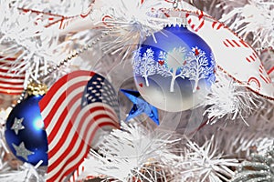 American Flag Christmas ornament on a white tree