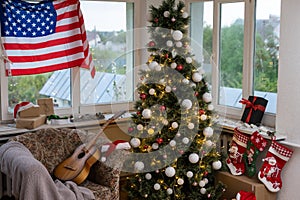 American flag and christmas tree. Greeting card.
