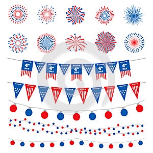 American flag color banners, garlands and fireworks vector collection. Happy Independence Day, 4th July, american