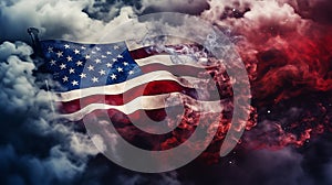 american flag colors from smoke explosion of cloudy firework at USA independence day.ai generative