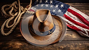 American Flag and a Cowboy Hat on an Old Wooden Table - Generative Ai