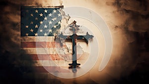 American flag with cross on grunge background. Christian religion concept.