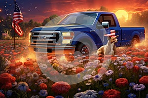 American flag and dog in the field of flowers. 3d rendering, patriotic 1993 ford f150, in a field of flowers, with a golden