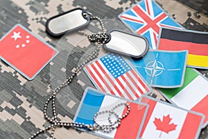 American flag and dog tags on camouflage background