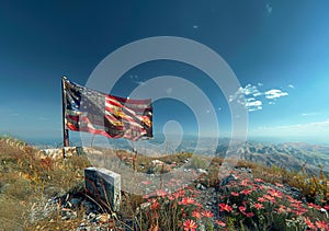 an american flag draped over a gravestone on a hill. veterans day illustration. Generated-AI