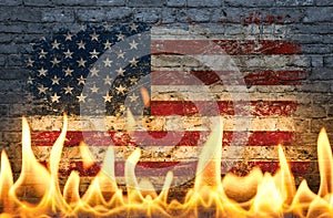 American flag in fire flames