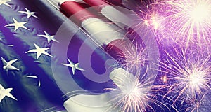 American flag and fireworks, banner design. Independence Day of USA