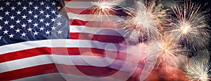 American flag and fireworks, banner design. Independence Day of USA