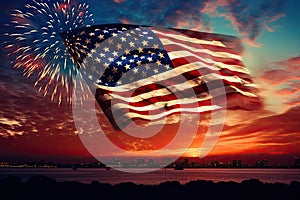 American flag and fireworks at sunset, american independence day concept. American Celebration Usa Flag And Fireworks At Sunset,