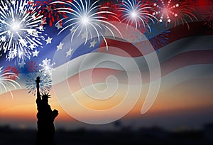American flag with fireworks at twilight background