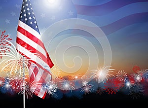 American flag with fireworks at twilight background design for 4